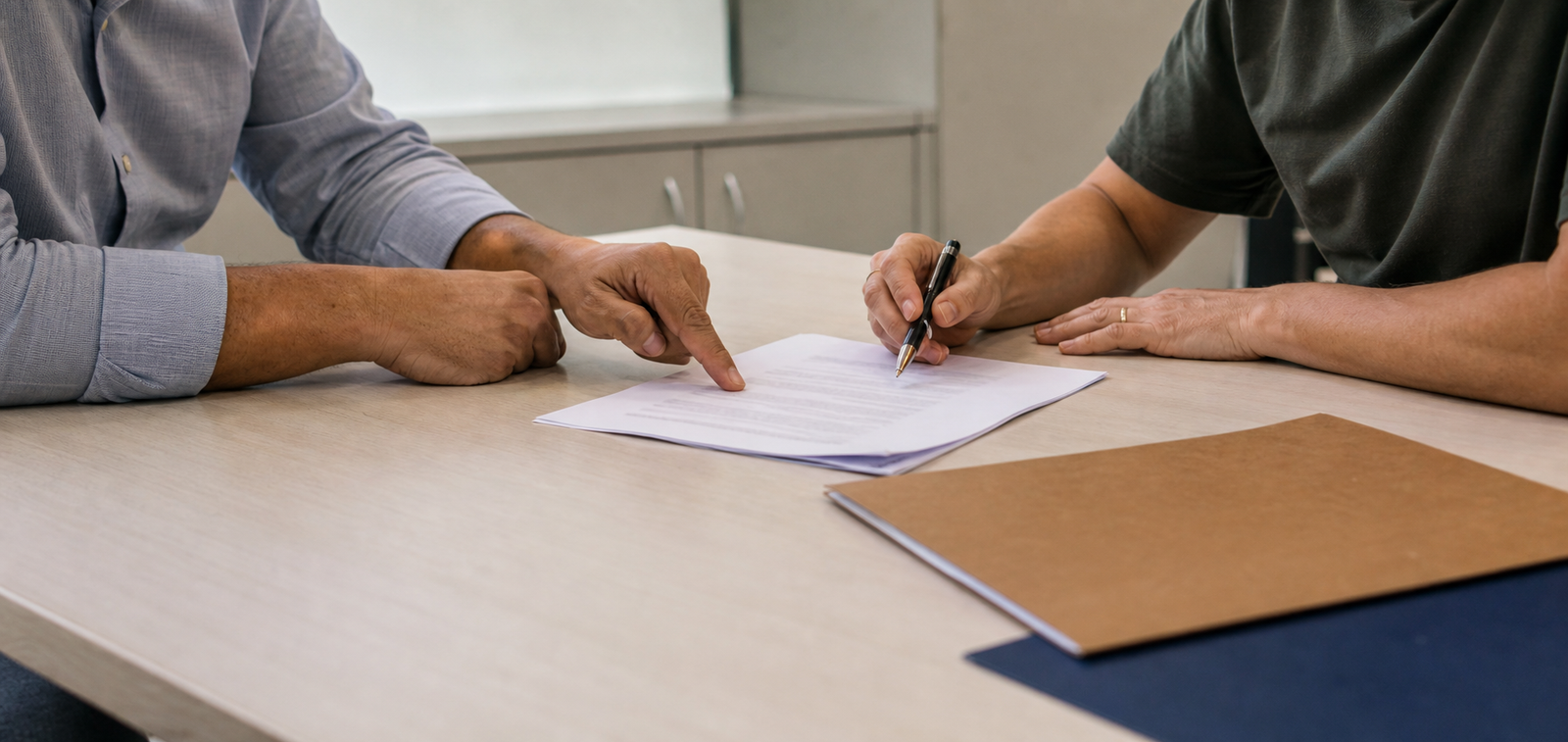 Duas pessoas revisando um acordo trabalhista sobre uma mesa