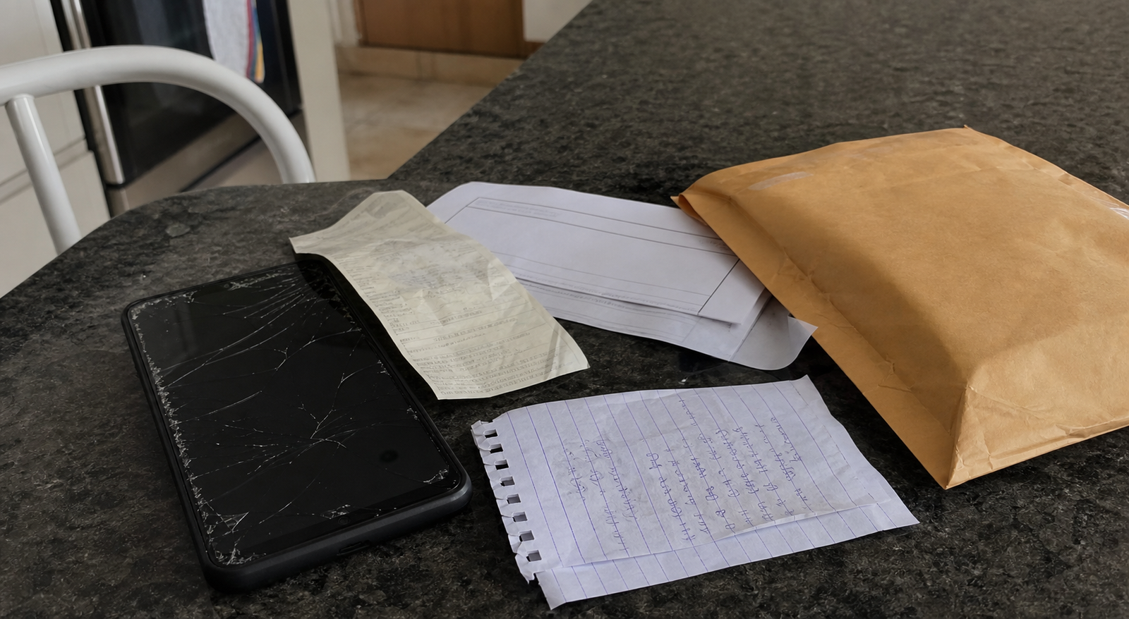 Celular com tela quebrada, recibo e documentos de reclamacao sobre uma mesa