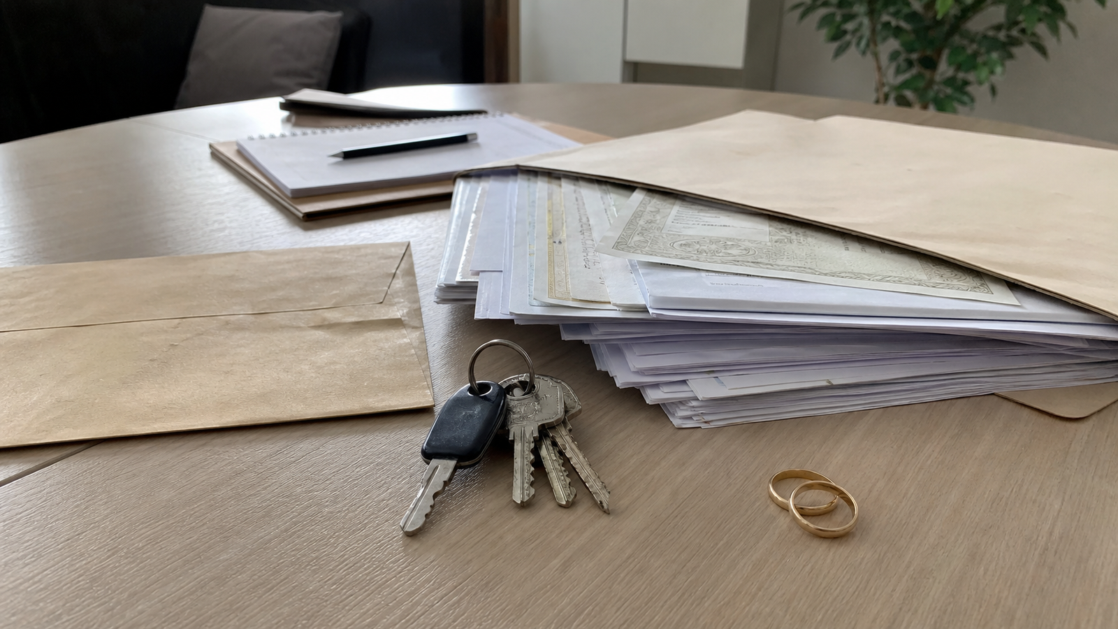 Pasta com documentos, chaves e aliancas organizadas sobre uma mesa